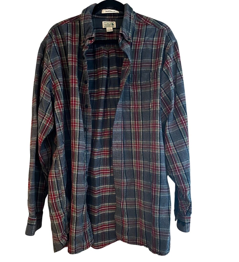 LL Bean Flannel Shirt Men’s Traditional Fit Red Blue Gray Plaid Flannel-XL Tall